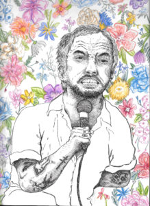 A portrait illustration of Joe Talbot from IDLES in black and white, with colorful flowers behind them